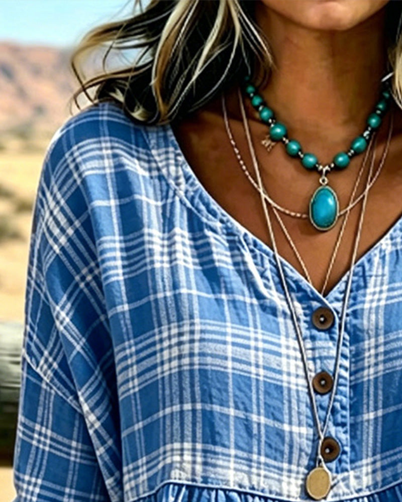 BLUSA VINTAGE CUADROS CUELLO DE V