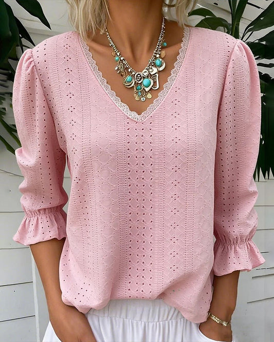CAMISETA ELEGANTE CUELLO DE V ENCAJE CALADO