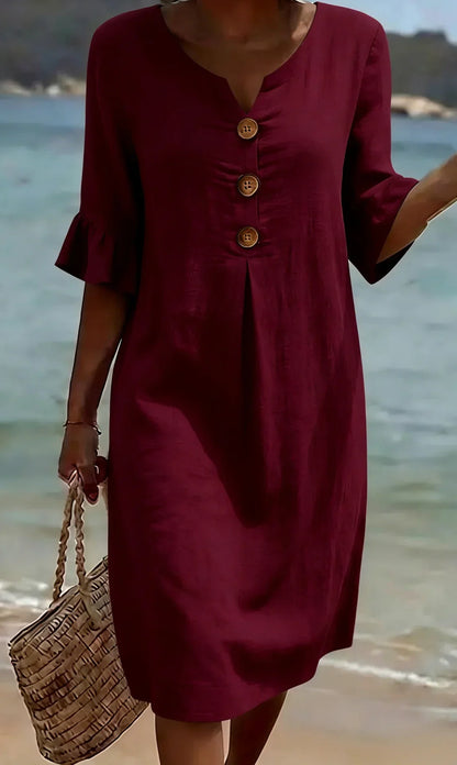 MONICA | VESTIDO ABOTONADO EFECTO LINO CON MANGAS ABULLONADAS