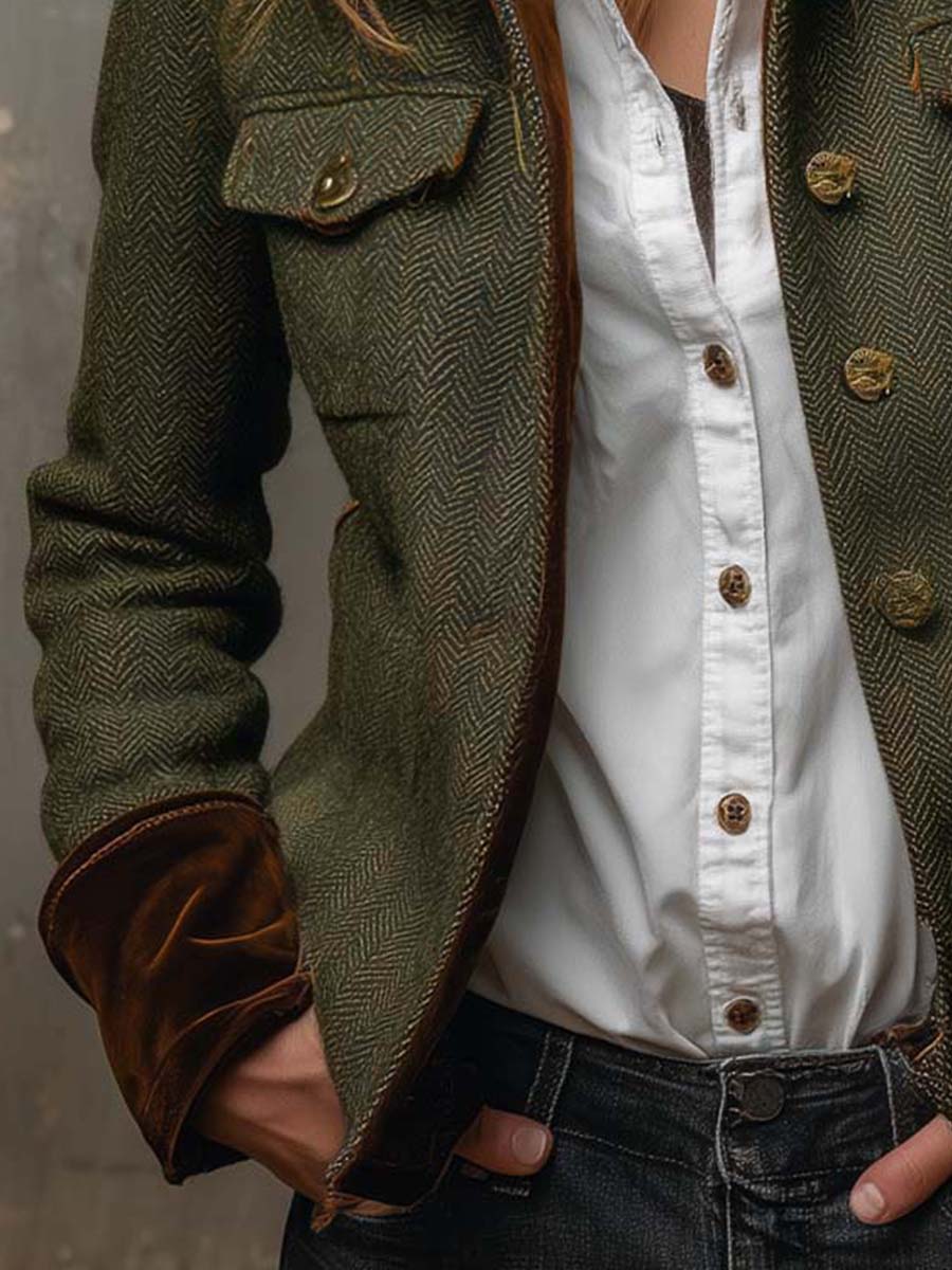 HONORINE | BLAZER VINTAGE DE ESPIGA CON RIBETES EN CONTRASTE