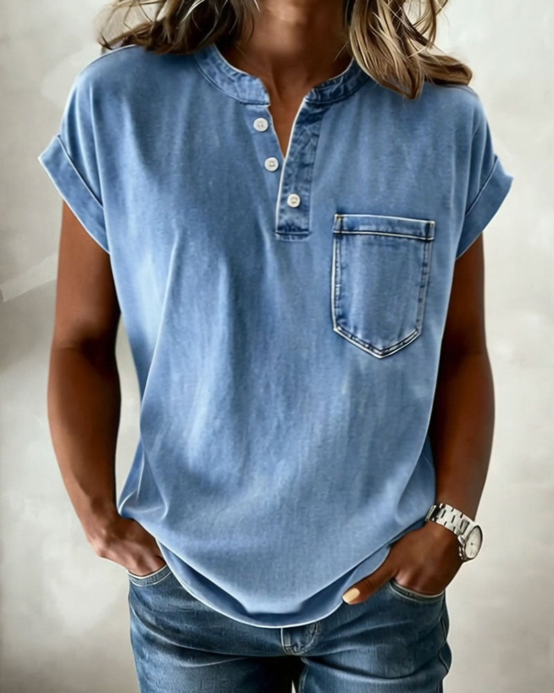 TOP LAVADO DENIM HENLEY MANGA CORTA