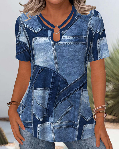 BLUSA VINTAGE DENIM CONTRASTE CALADA