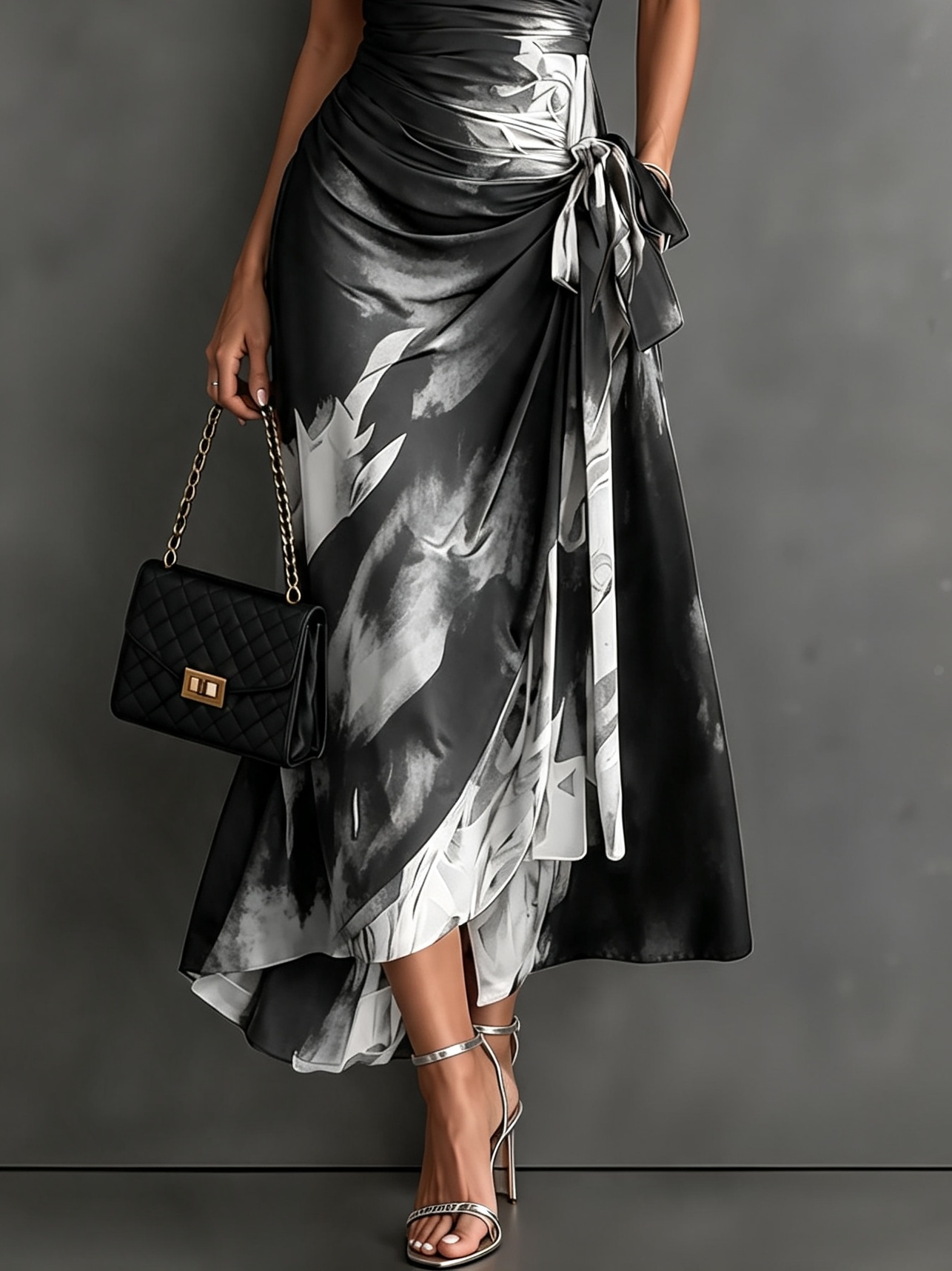 VESTIDO MIDI CRUZADO CON ESTAMPADO ABSTRACTO ROJO Y NEGRO, CUELLO CAMISERO CON ESCOTE EN V, MANGA CORTA, CINTURA ANUDADA Y BAJO ASIMÉTRICO CON VOLANTE