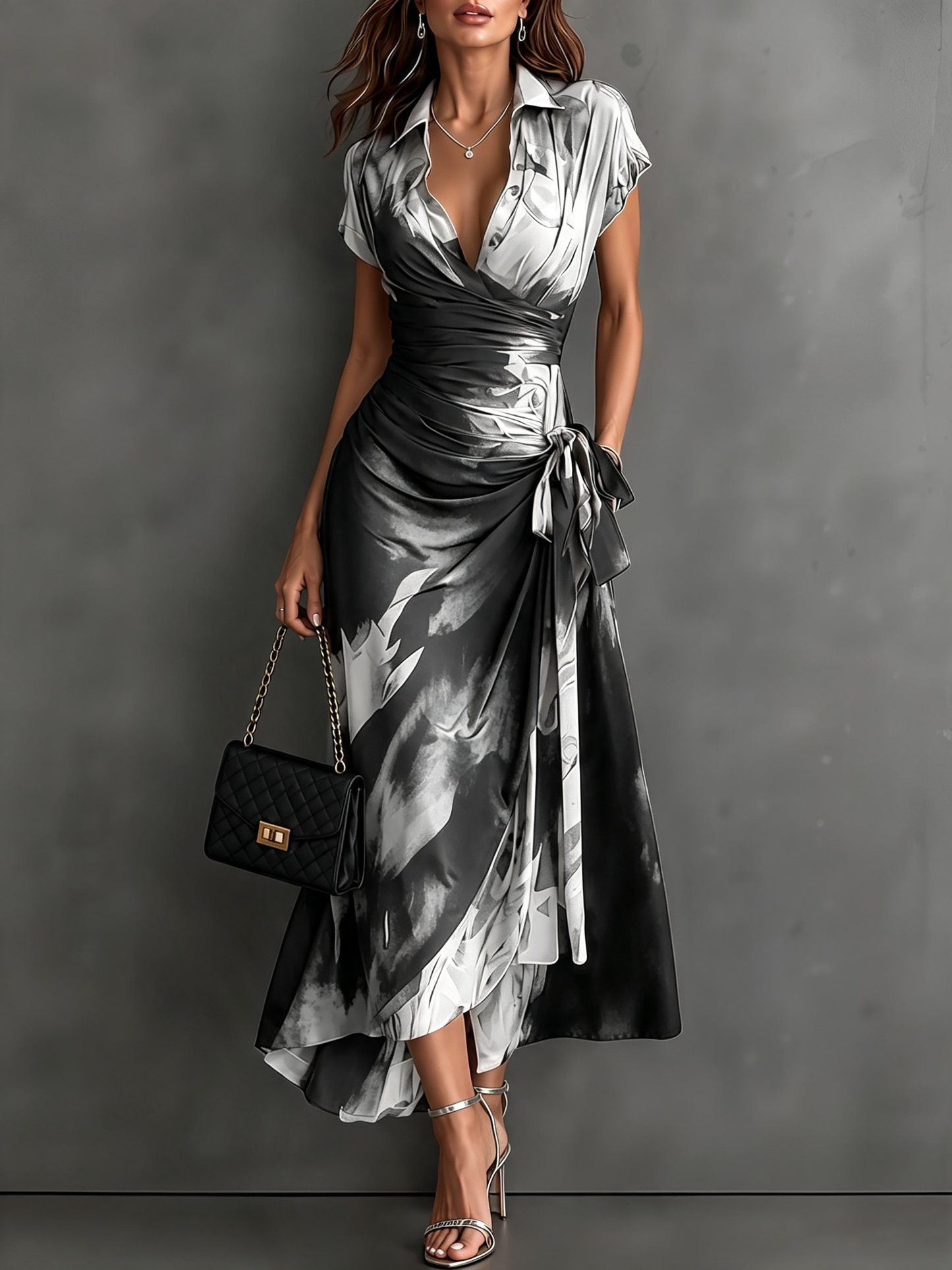 VESTIDO MIDI CRUZADO CON ESTAMPADO ABSTRACTO ROJO Y NEGRO, CUELLO CAMISERO CON ESCOTE EN V, MANGA CORTA, CINTURA ANUDADA Y BAJO ASIMÉTRICO CON VOLANTE