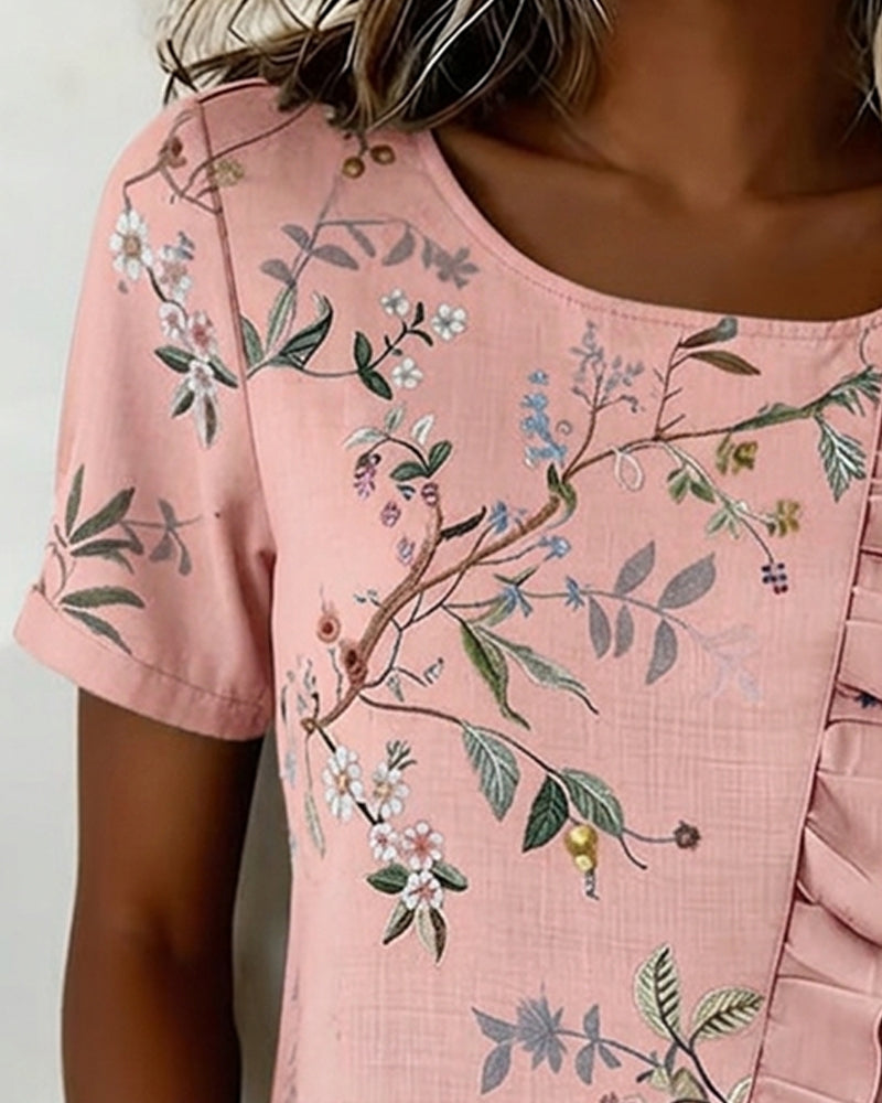 BLUSA CUELLO REDONDO MANGA CORTA CON VOLANTES FLORAL