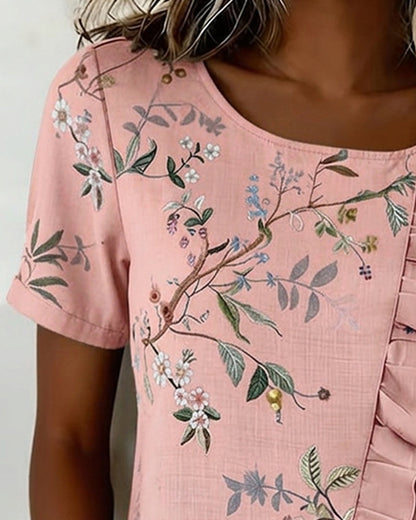 BLUSA CUELLO REDONDO MANGA CORTA CON VOLANTES FLORAL