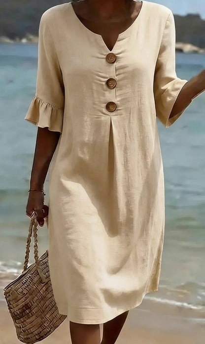MONICA | VESTIDO ABOTONADO EFECTO LINO CON MANGAS ABULLONADAS