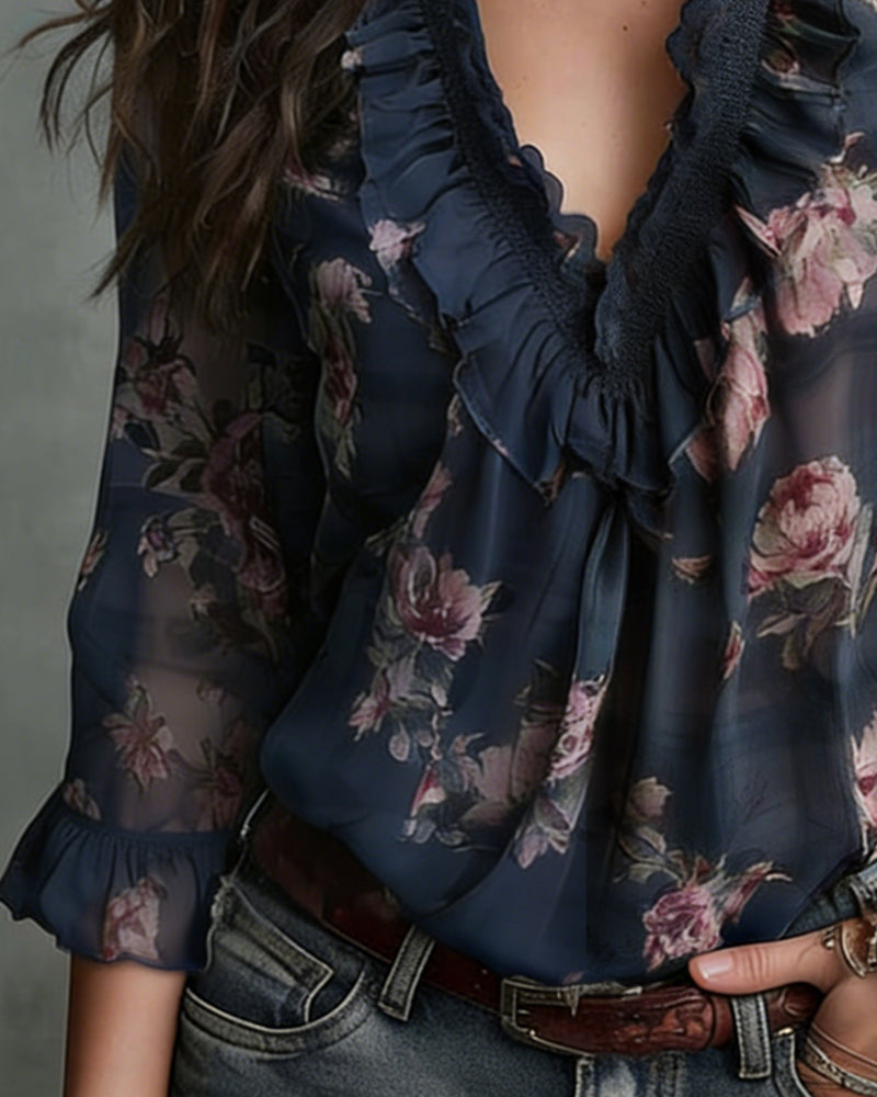 BLUSA FLORAL CUELLO DE V FRUNCIDO