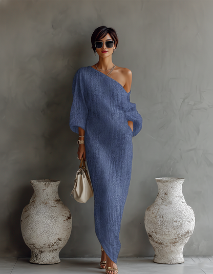 ISAURE | VESTIDO FLUIDO DE LINO CON HOMBROS DESCUBIERTOS