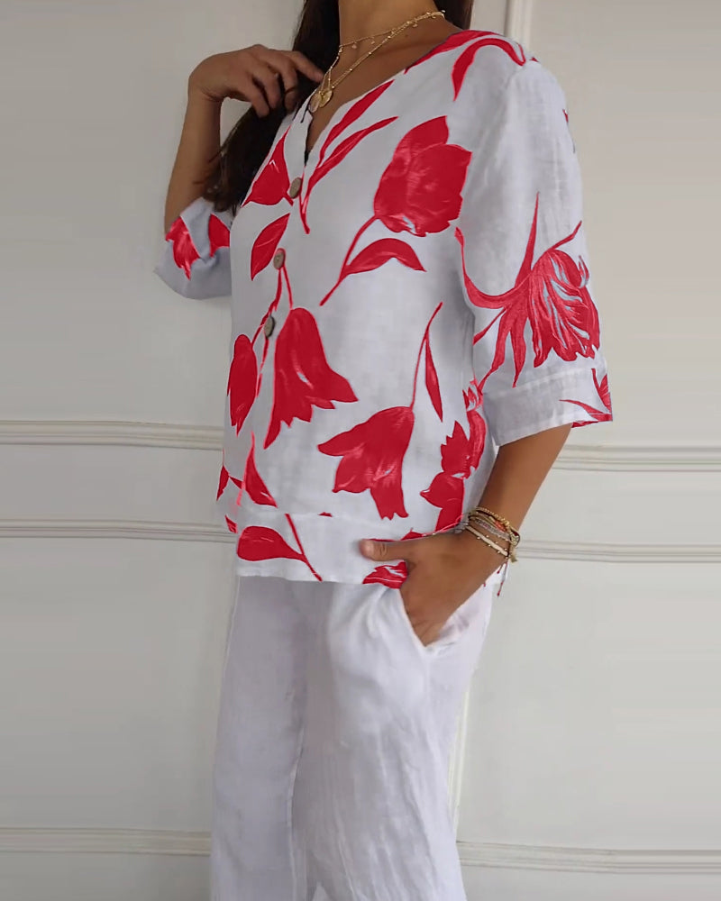 TOP ABOTONADO DE ALGODÓN Y LINO ESTAMPADO FLORAL