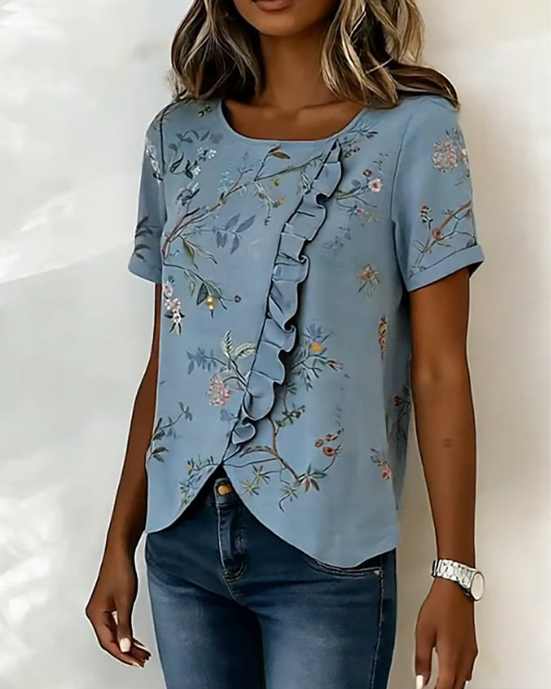 BLUSA CUELLO REDONDO MANGA CORTA CON VOLANTES FLORAL