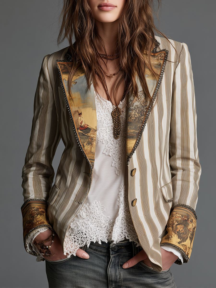 SUZANNE | BLAZER BOHEMIO DE RAYAS CON CUELLO ESTAMPADO
