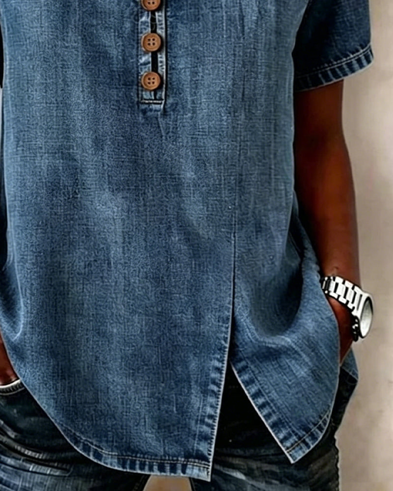 BLUSA DE DENIM CON CUELLO DE V CON ABERTURA