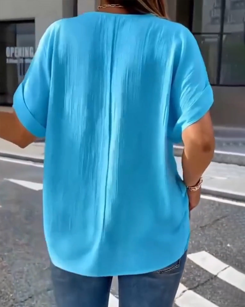 100% ALGODÓN CAMISETA CUELLO DE V ANCHO TEXTURIZADO