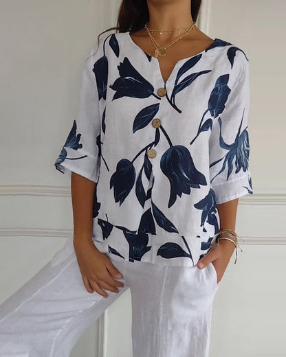 TOP ABOTONADO DE ALGODÓN Y LINO ESTAMPADO FLORAL
