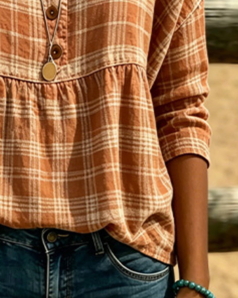 BLUSA VINTAGE CUADROS CUELLO DE V