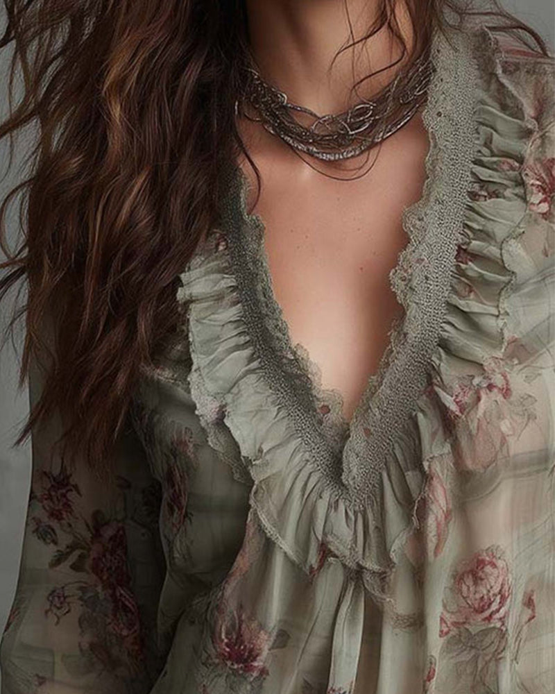BLUSA FLORAL CUELLO DE V FRUNCIDO