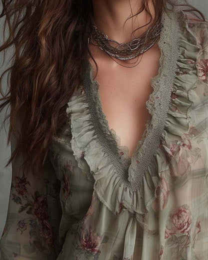 BLUSA FLORAL CUELLO DE V FRUNCIDO