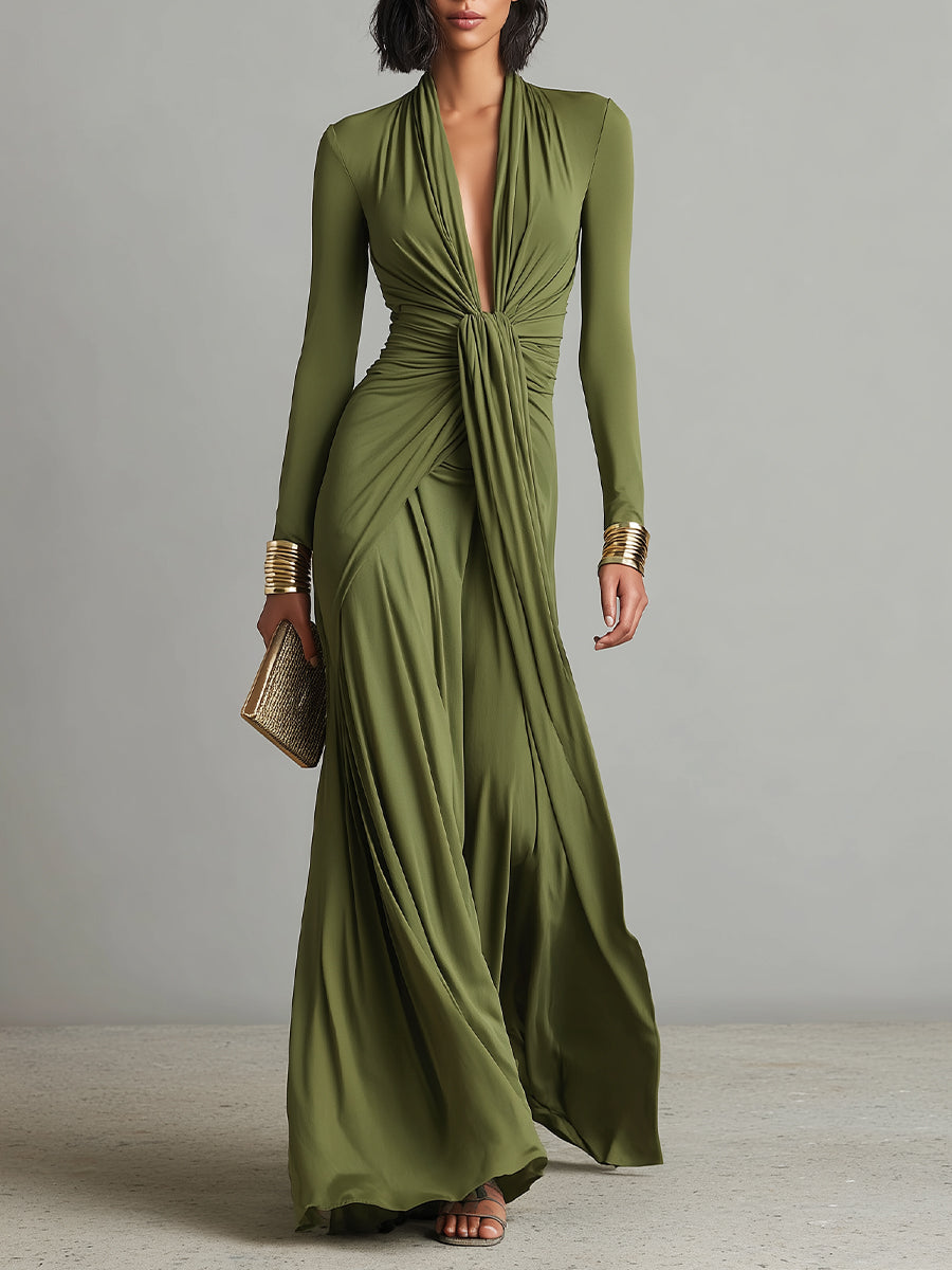 SOLÈNE | VESTIDO LARGO DE SEDA VERDE OLIVA CON ESCOTE EN V PROFUNDO