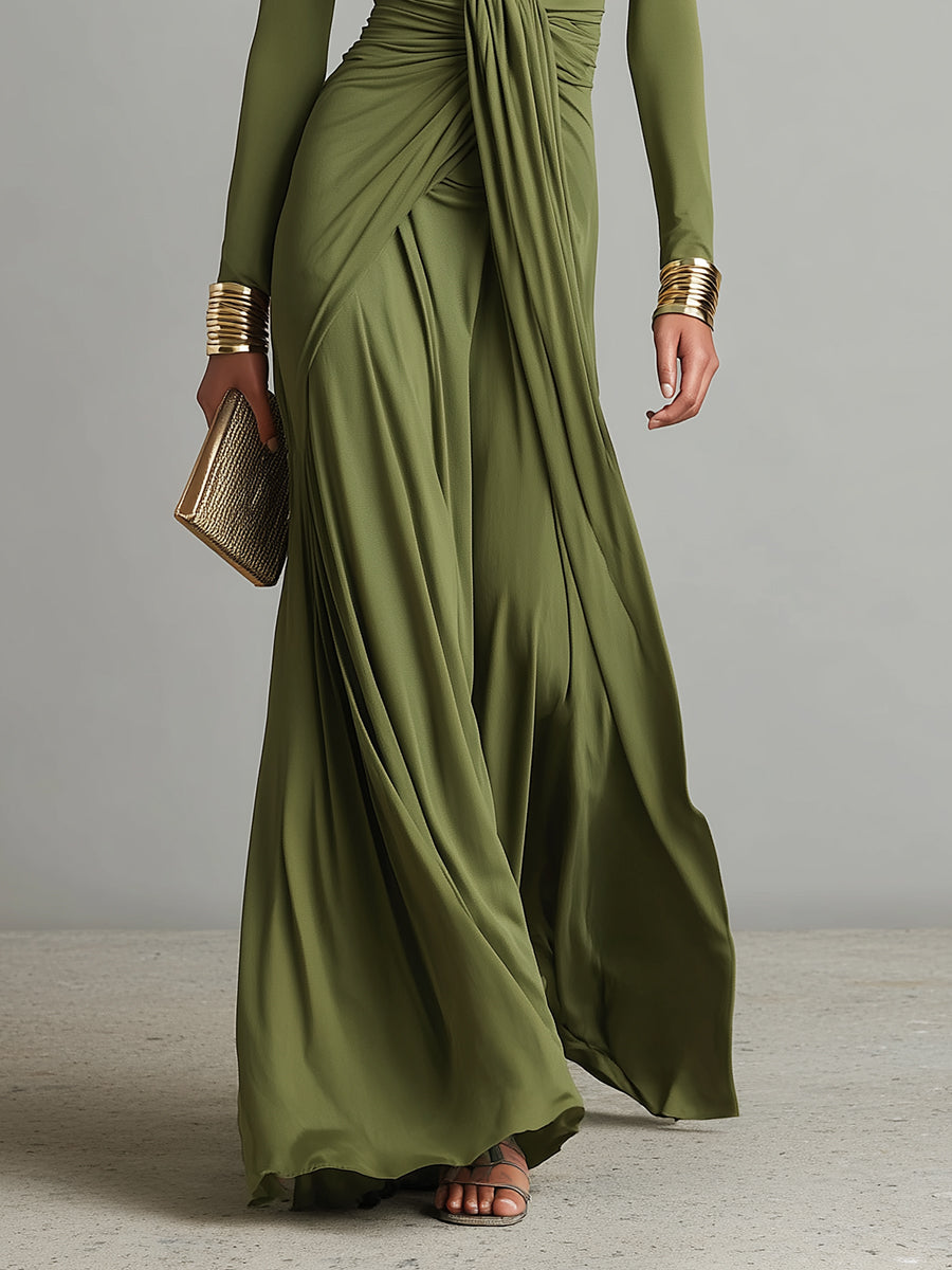 SOLÈNE | VESTIDO LARGO DE SEDA VERDE OLIVA CON ESCOTE EN V PROFUNDO