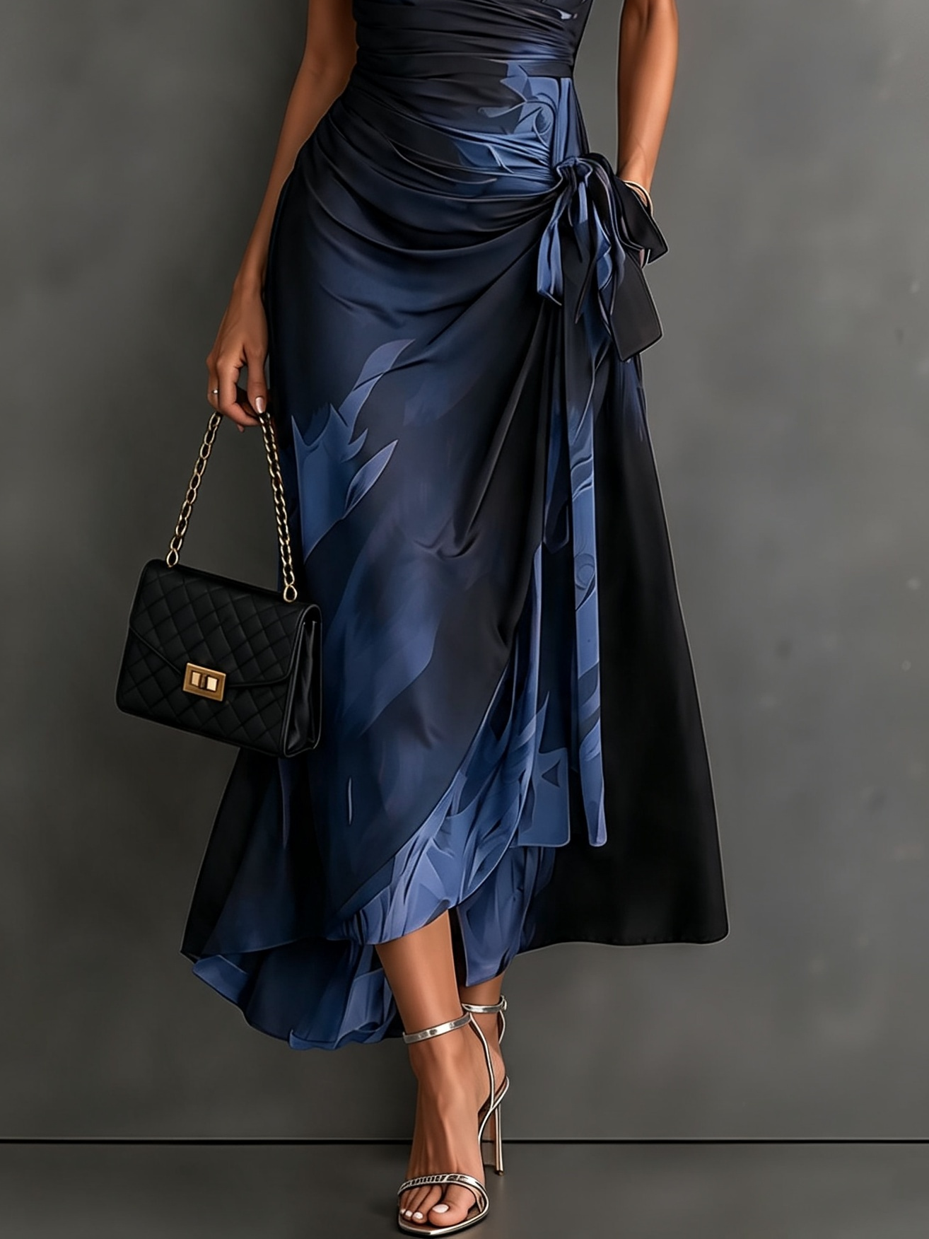 VESTIDO MIDI CRUZADO CON ESTAMPADO ABSTRACTO ROJO Y NEGRO, CUELLO CAMISERO CON ESCOTE EN V, MANGA CORTA, CINTURA ANUDADA Y BAJO ASIMÉTRICO CON VOLANTE