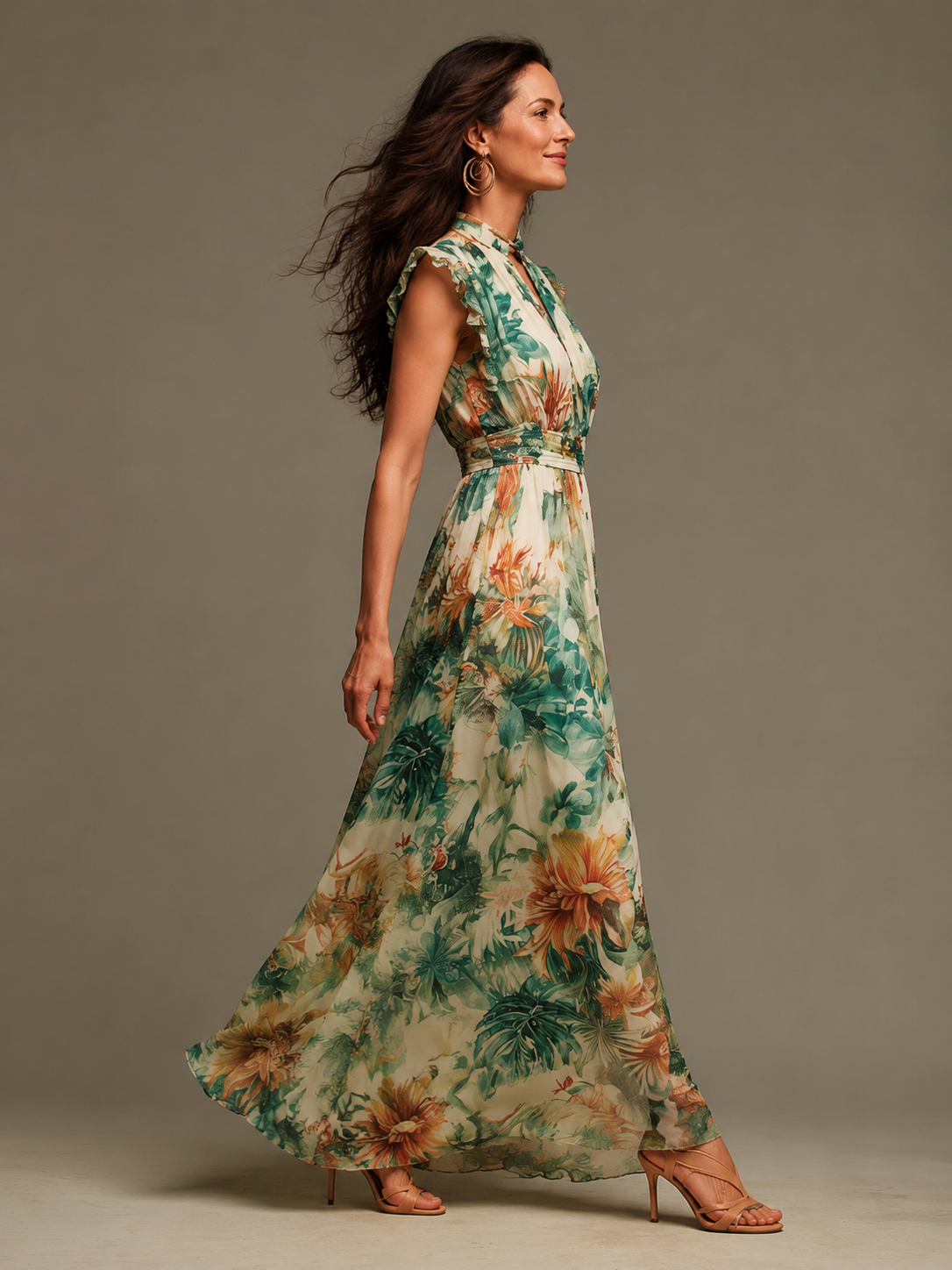 GRACE | VESTIDO LARGO DE CHIFÓN CON ESTAMPADO TROPICAL