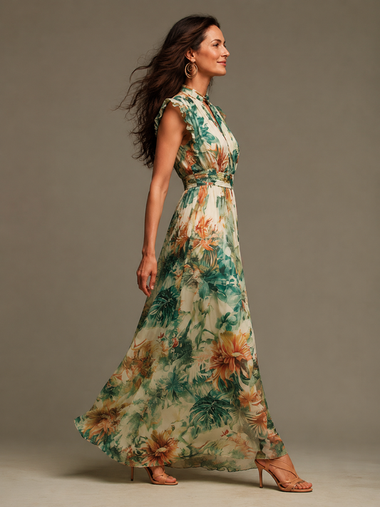 GRACE | VESTIDO LARGO DE CHIFÓN CON ESTAMPADO TROPICAL