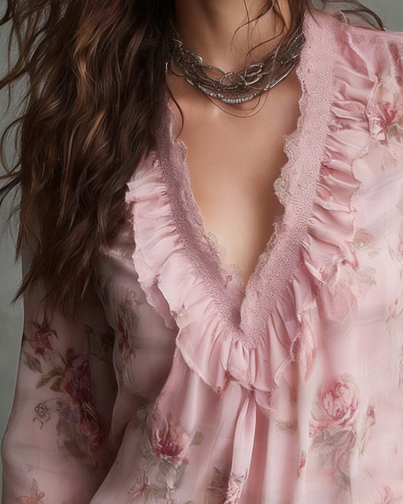 BLUSA FLORAL CUELLO DE V FRUNCIDO