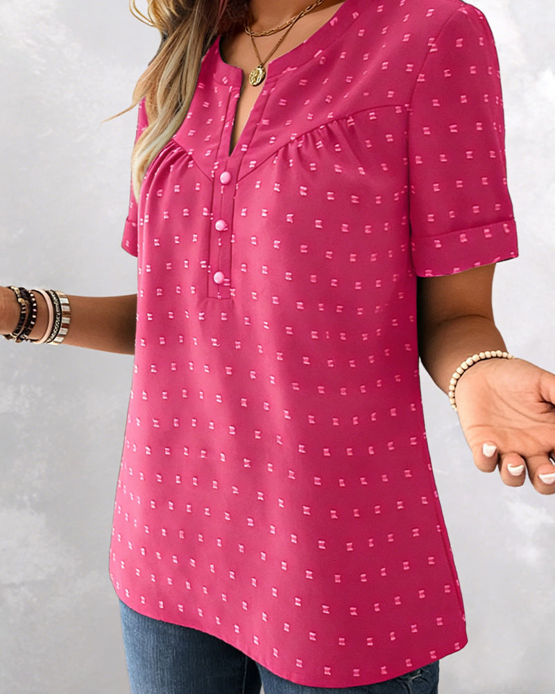 BLUSA JACQUARD CUELLO DE V MEDIO-TAPETA MANGA CORTA