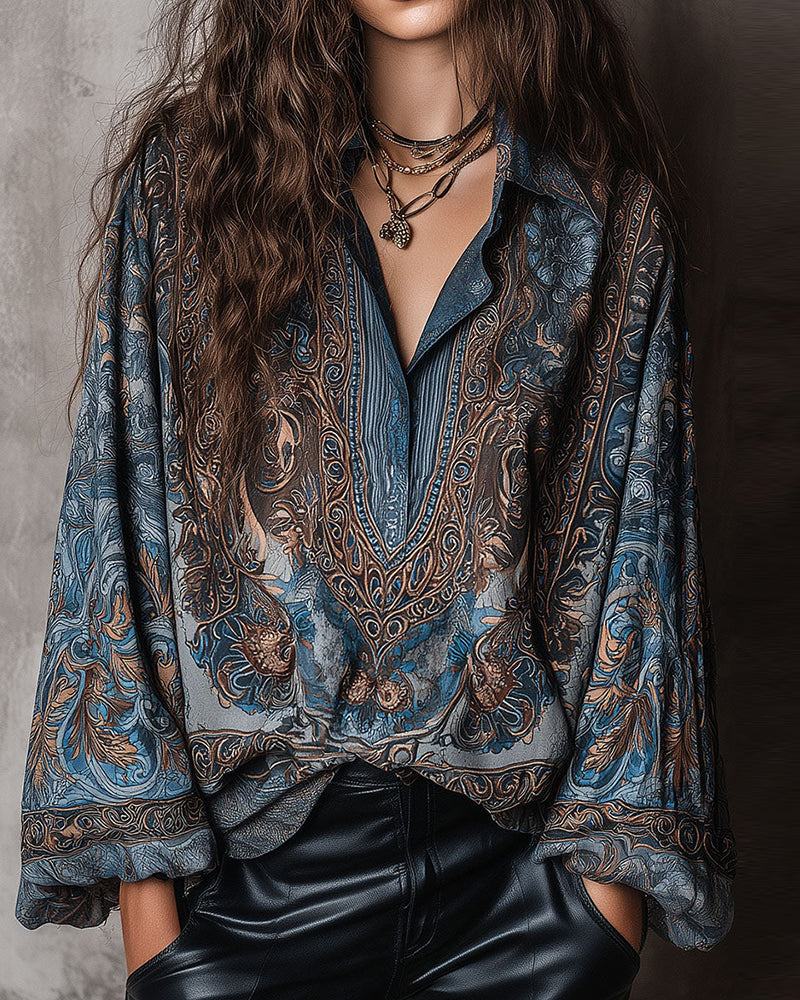 BLUSA RETRO ESTAMPADO CUELLO DE V SOLAPA SOFISTICADO