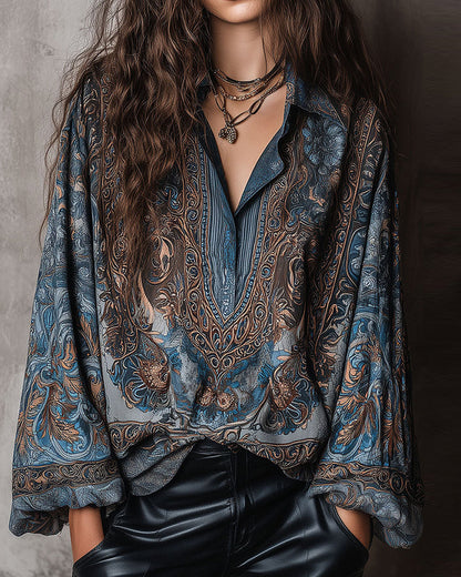 BLUSA RETRO ESTAMPADO CUELLO DE V SOLAPA SOFISTICADO