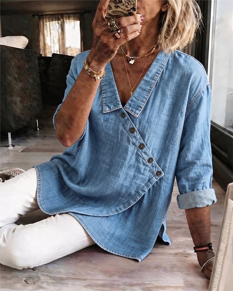 BLUSA LISA BOTÓN DIAGONAL CUELLO MANGA LARGA
