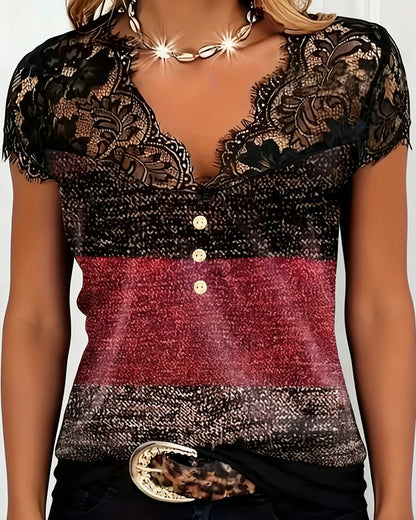 CAMISETA CUELLO DE V ENCAJE PATCHWORK CONTRASTE COLOR