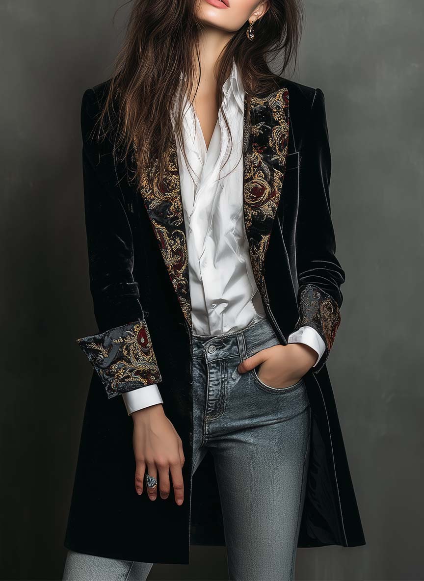 LÉONTINE | BLAZER NEGRO ENTALLADO CON ESTAMPADO BARROCO