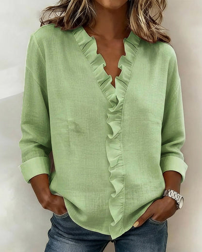 BLUSA FRUNCIDO CUELLO DE V MANGA LARGA
