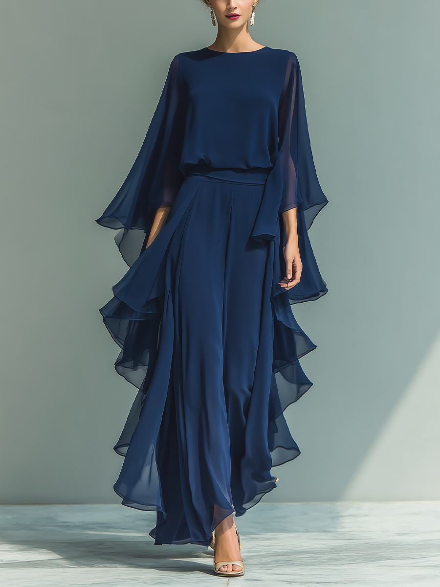 CLARISSE | CONJUNTO DE GASA AZUL MARINO CON MANGAS ACAMPANADAS Y PANTALÓN CON VOLANTES