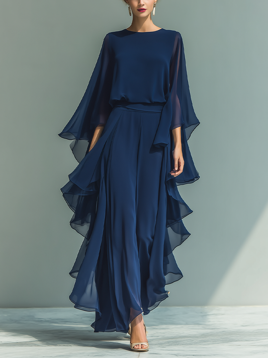 CLARISSE | CONJUNTO DE GASA AZUL MARINO CON MANGAS ACAMPANADAS Y PANTALÓN CON VOLANTES