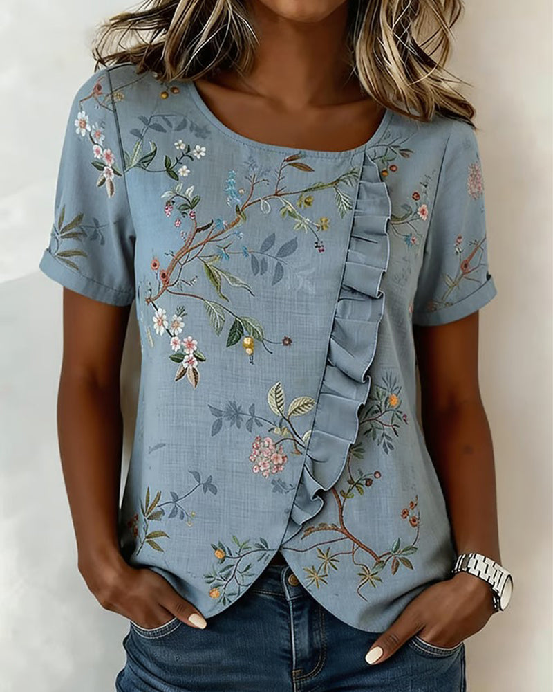 BLUSA CUELLO REDONDO MANGA CORTA CON VOLANTES FLORAL