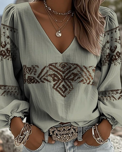 TOP BOHEMIO CUELLO DE V MANGA ABULLONADA