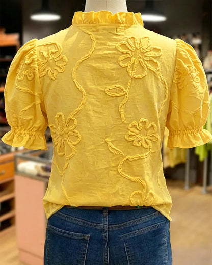 BLUSA CUELLO DE V BORDE CON VOLANTES MANGA ABULLONADA