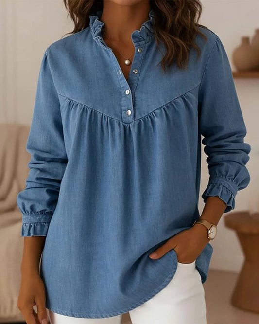 TOP DE DENIM CON VOLANTES ABOTONADO