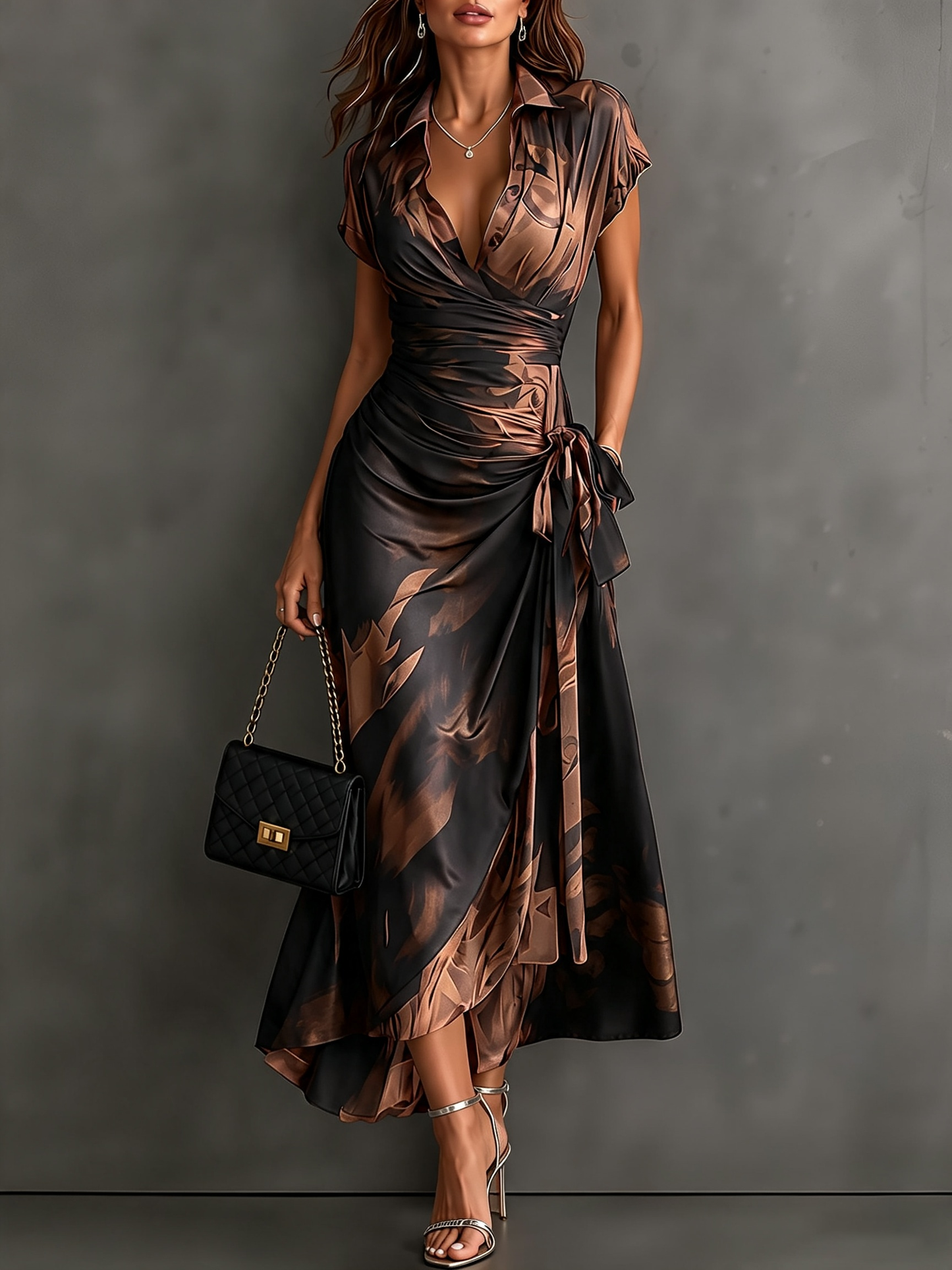 VESTIDO MIDI CRUZADO CON ESTAMPADO ABSTRACTO ROJO Y NEGRO, CUELLO CAMISERO CON ESCOTE EN V, MANGA CORTA, CINTURA ANUDADA Y BAJO ASIMÉTRICO CON VOLANTE