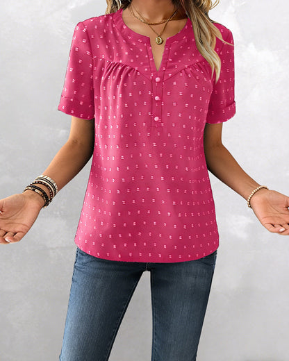 BLUSA JACQUARD CUELLO DE V MEDIO-TAPETA MANGA CORTA