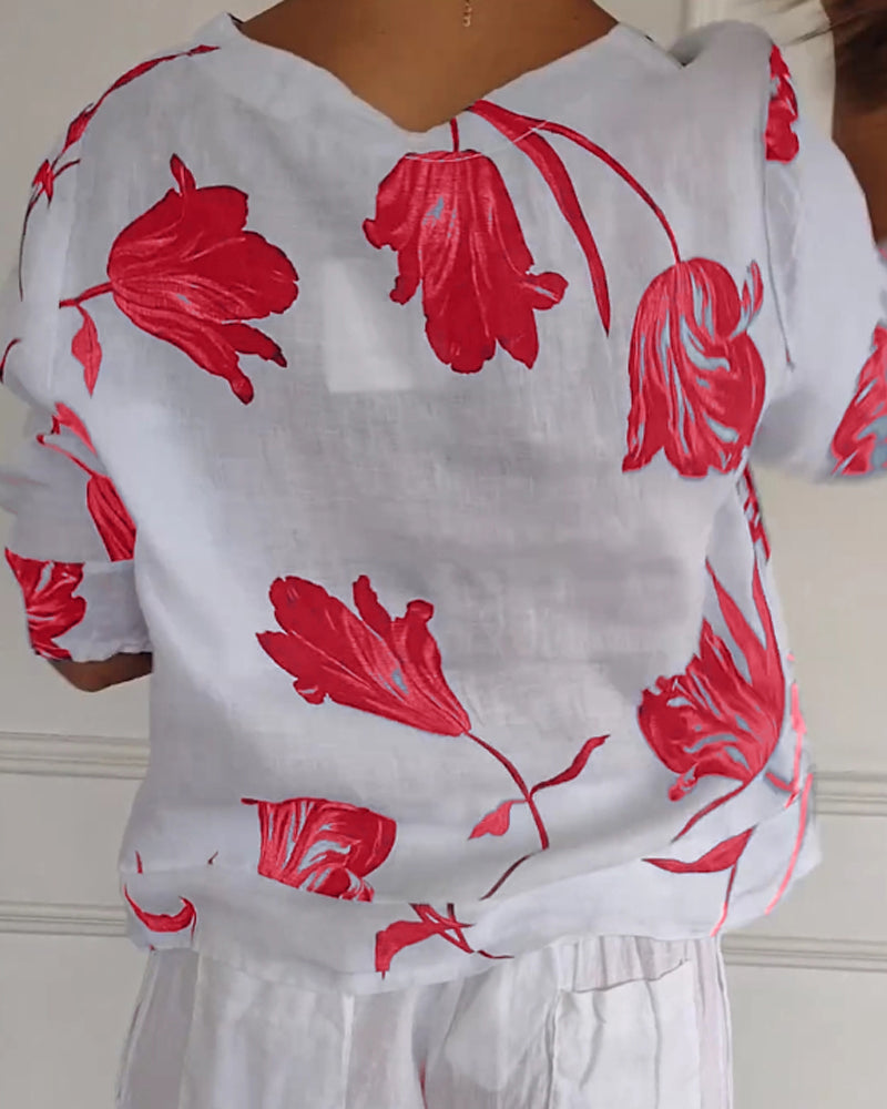TOP ABOTONADO DE ALGODÓN Y LINO ESTAMPADO FLORAL