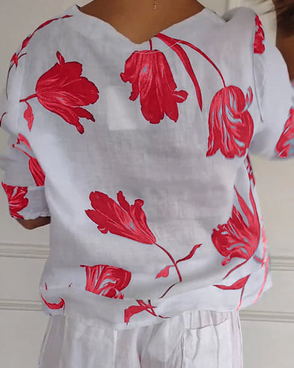 TOP ABOTONADO DE ALGODÓN Y LINO ESTAMPADO FLORAL