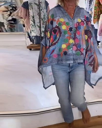 BLUSA ESTAMPADO ASIMÉTRICO FALSO DENIM