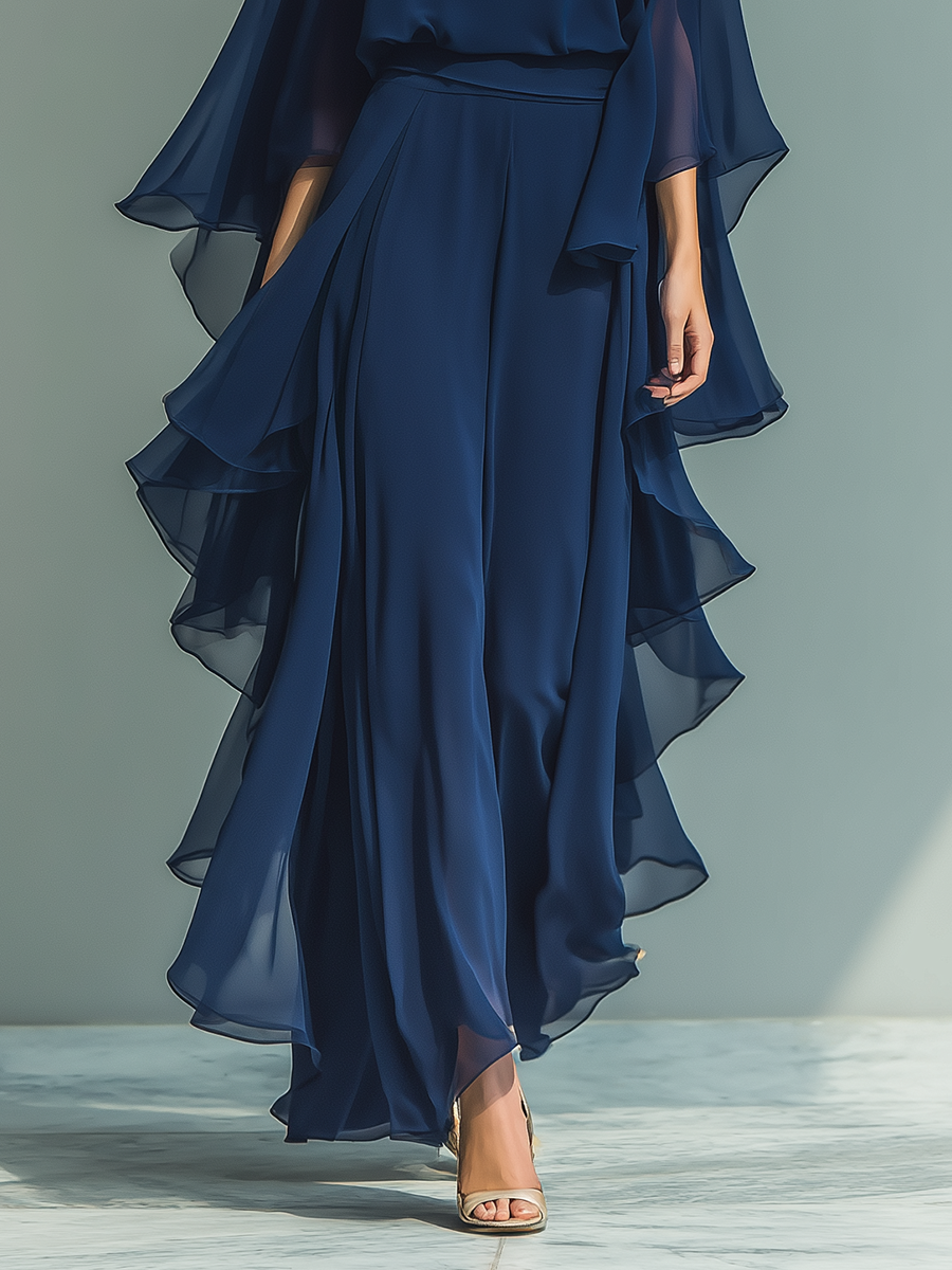 CLARISSE | CONJUNTO DE GASA AZUL MARINO CON MANGAS ACAMPANADAS Y PANTALÓN CON VOLANTES