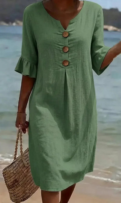 MONICA | VESTIDO ABOTONADO EFECTO LINO CON MANGAS ABULLONADAS