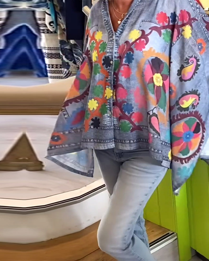 BLUSA ESTAMPADO ASIMÉTRICO FALSO DENIM