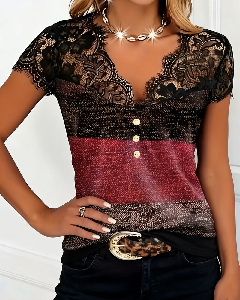 CAMISETA CUELLO DE V ENCAJE PATCHWORK CONTRASTE COLOR